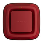 A square AJAX VAD sounder front view on a solid white background. The device features a glossy deep red front face with the AJAX logo in the center, a series of three small LED indicator lights near the top edge, and a thick, rounded outer frame with subtle dark red concentric stripes.