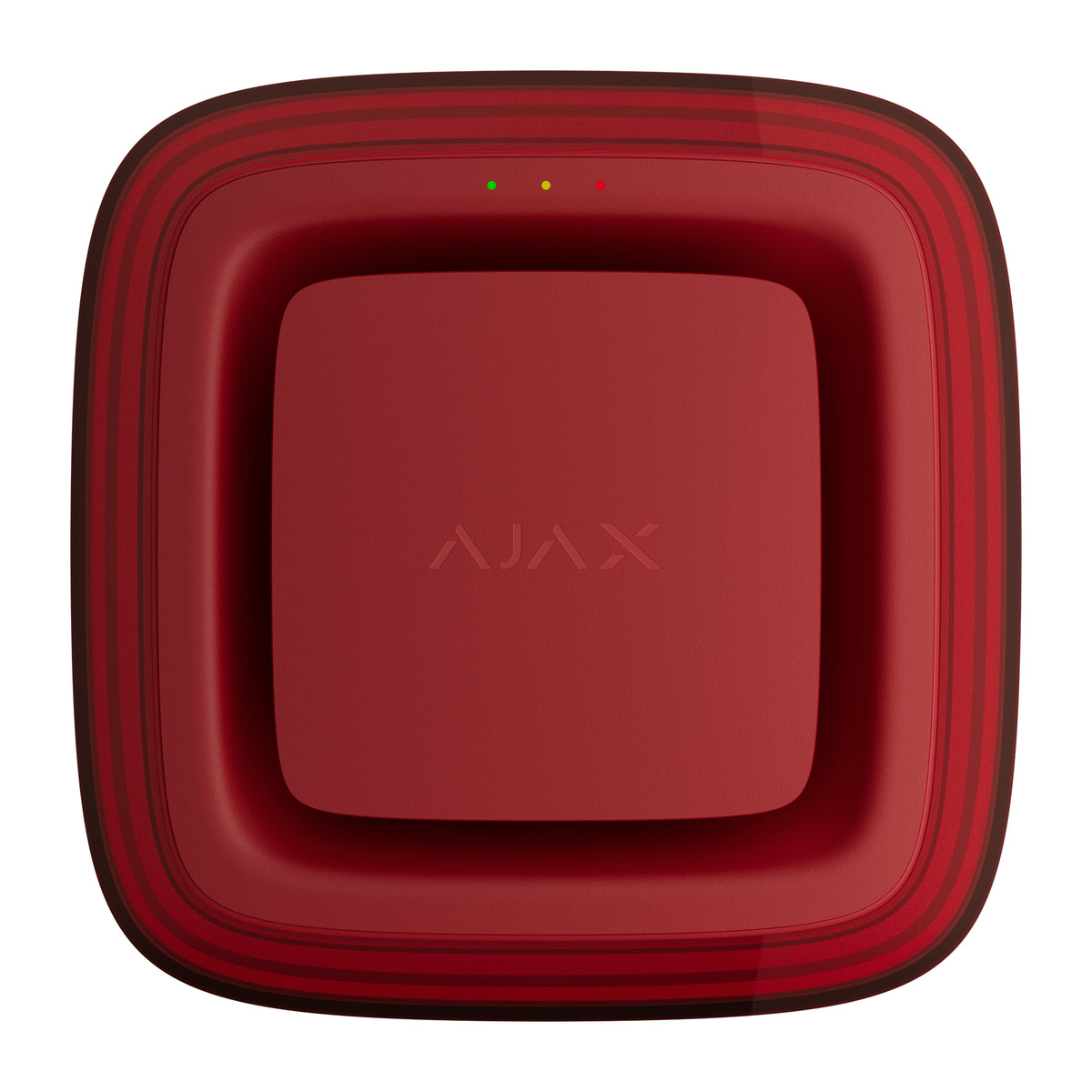 A square AJAX VAD sounder front view on a solid white background. The device features a glossy deep red front face with the AJAX logo in the center, a series of three small LED indicator lights near the top edge, and a thick, rounded outer frame with subtle dark red concentric stripes.