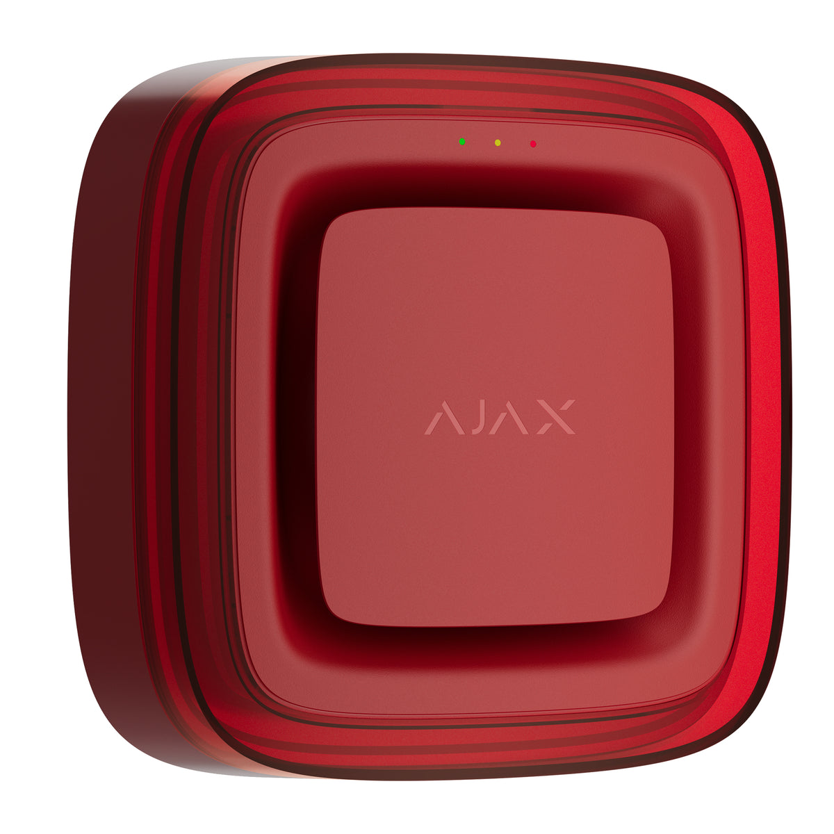 A red AJAX VAD sounder with a square rounded-rectangle shape, featuring a glossy red finish, three small LED indicator lights, and the AJAX logo in the center, set against a plain white background.
