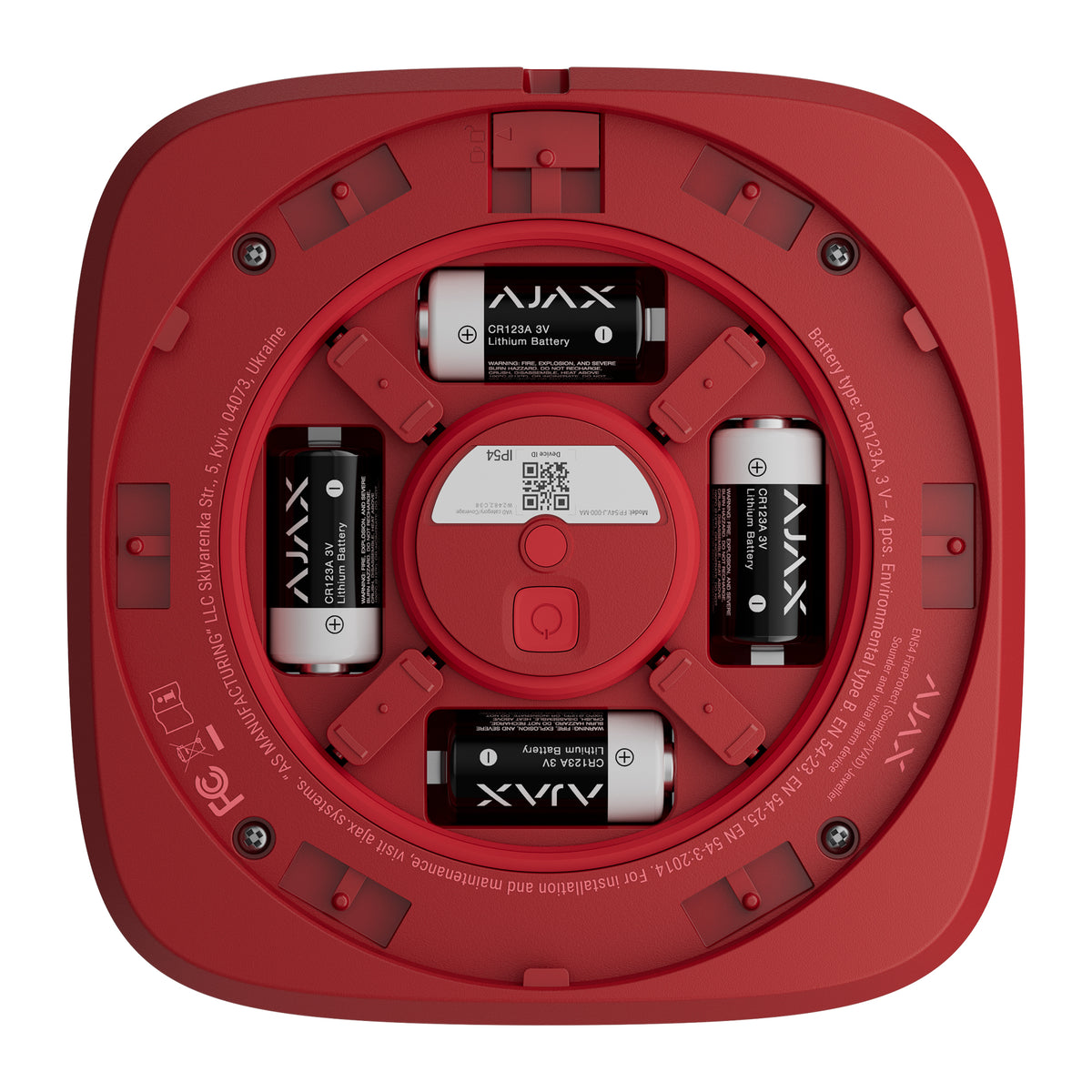 Top-down view of a red square electronic device with four 3V batteries installed in circular slots around the center. The device has a matte red finish with small screw details and printed text, and the batteries & device are labeled AJAX.