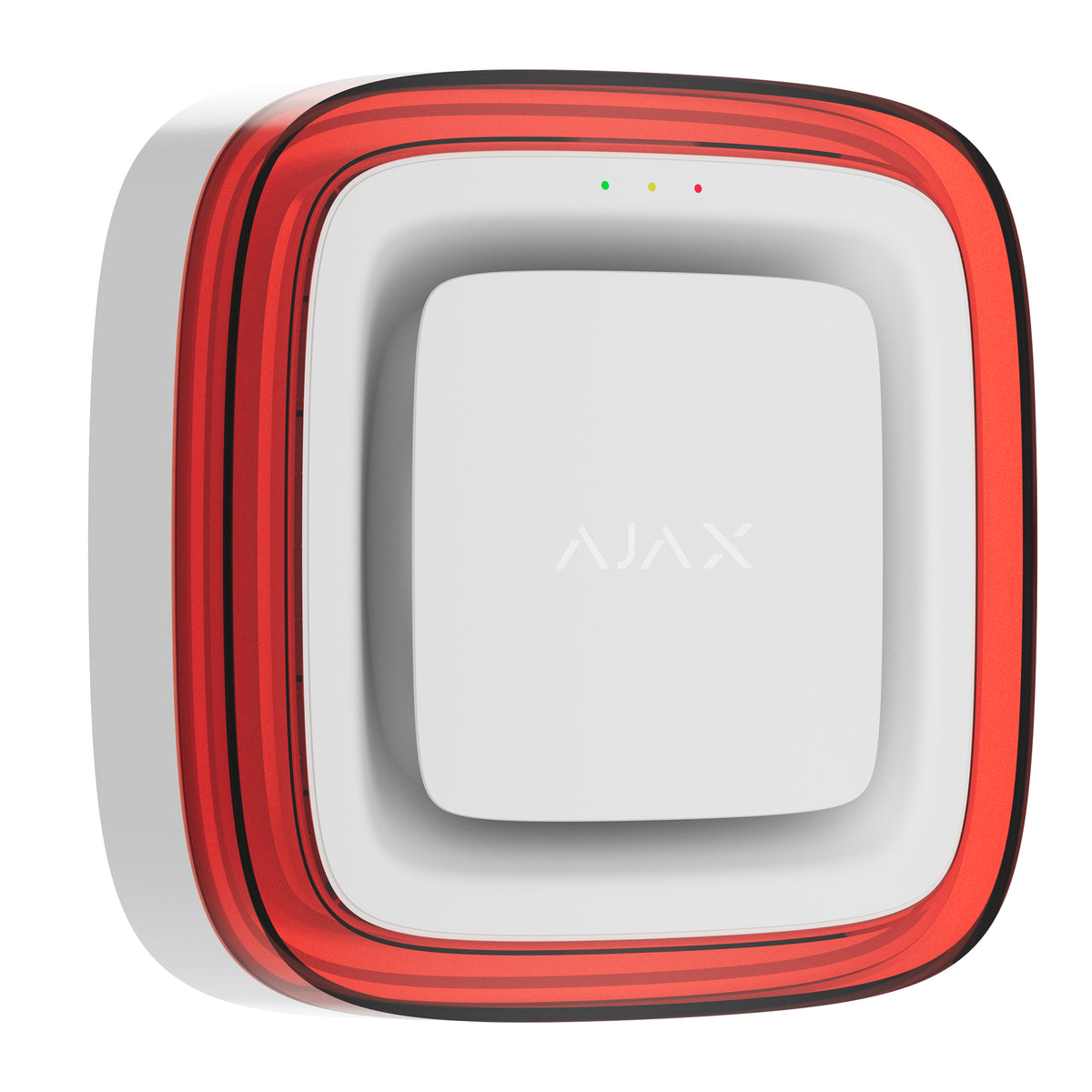 A square white VAD sounder with rounded corners, featuring a prominent red illuminated ring around the outer frame and a faint 'AJAX' logo in the center, shown on a solid white background.