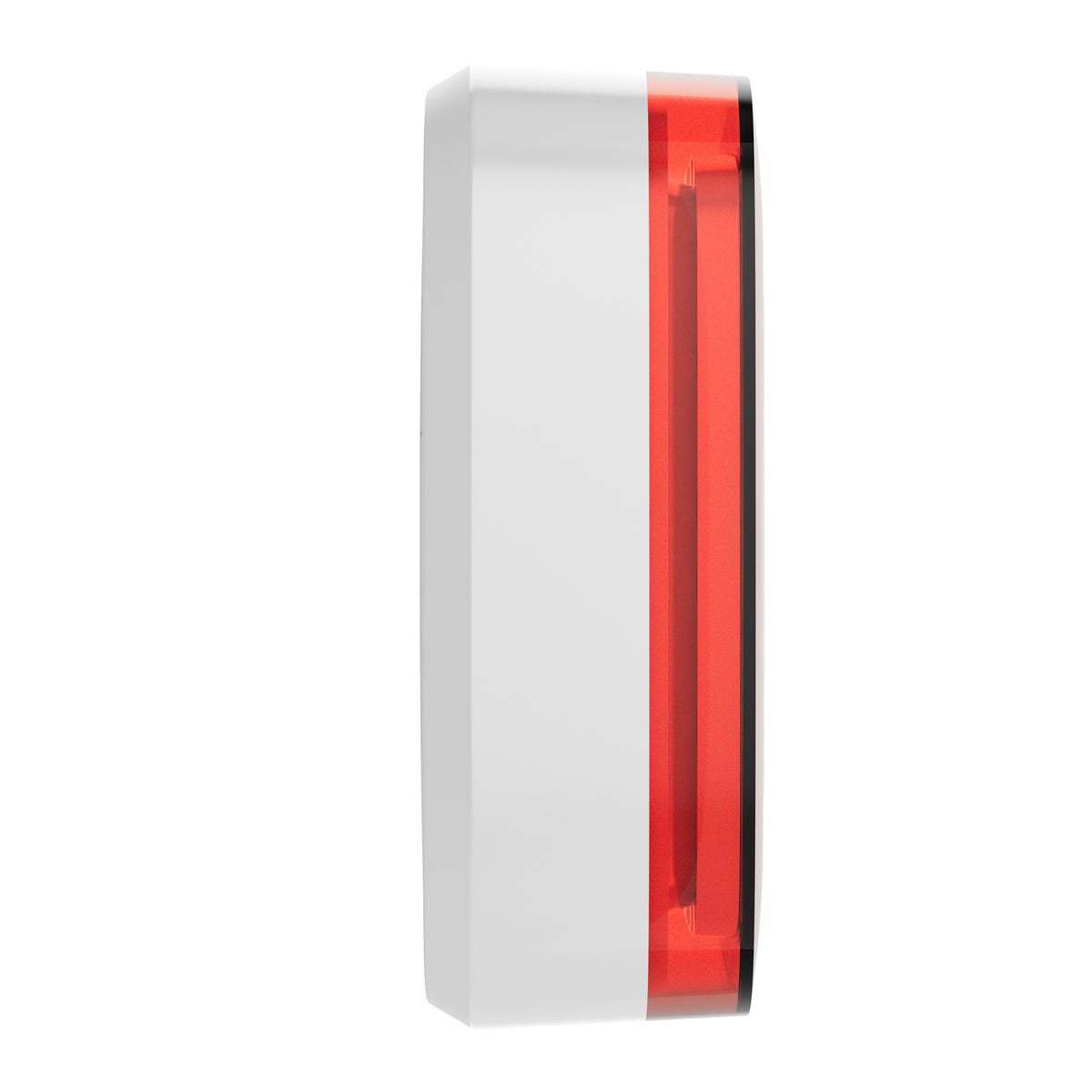 side view of a white AJAX systems VAD sounder with a red translucent border on the front face