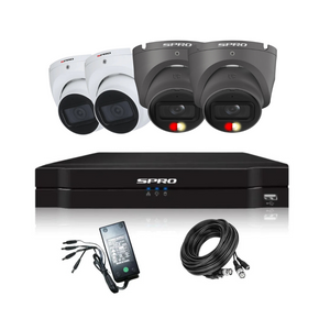 white & grey Analogue SPRO camera bundle including 2 8MP grey colour night 2.0 cameras, 2 8MP economy cameras and one 4 channel SPRO DVR 