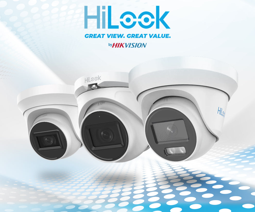 Three Hikvision security cameras with 'HiLook' branding on a light blue background.