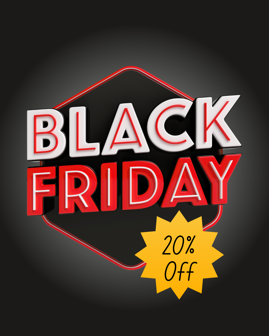 Black Friday sale sign with '20% Off' on a dark background
