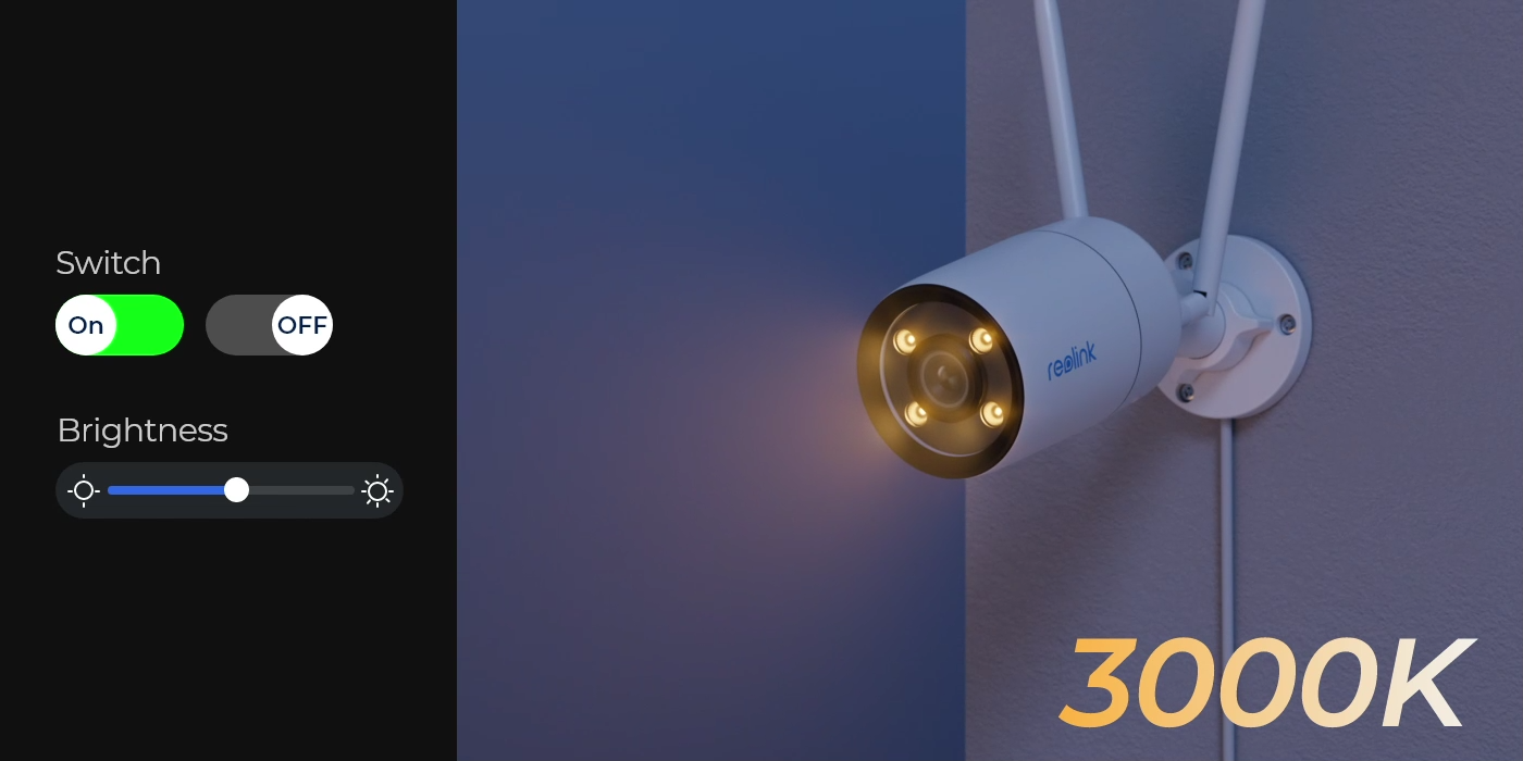 Reolink CX410W ColorX Smart 2K Wi-Fi Security Camera with True Full-Color Night Vision emitting warm light at 3000K 