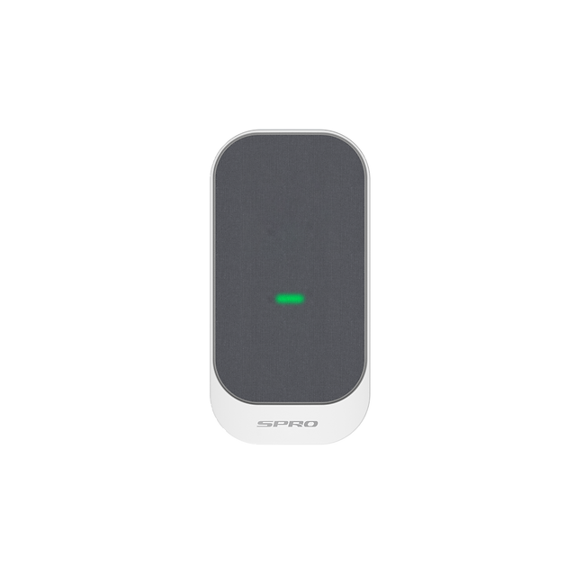 White and grey SPRO doorbell Chime with a green indicator light facing forward on a white background