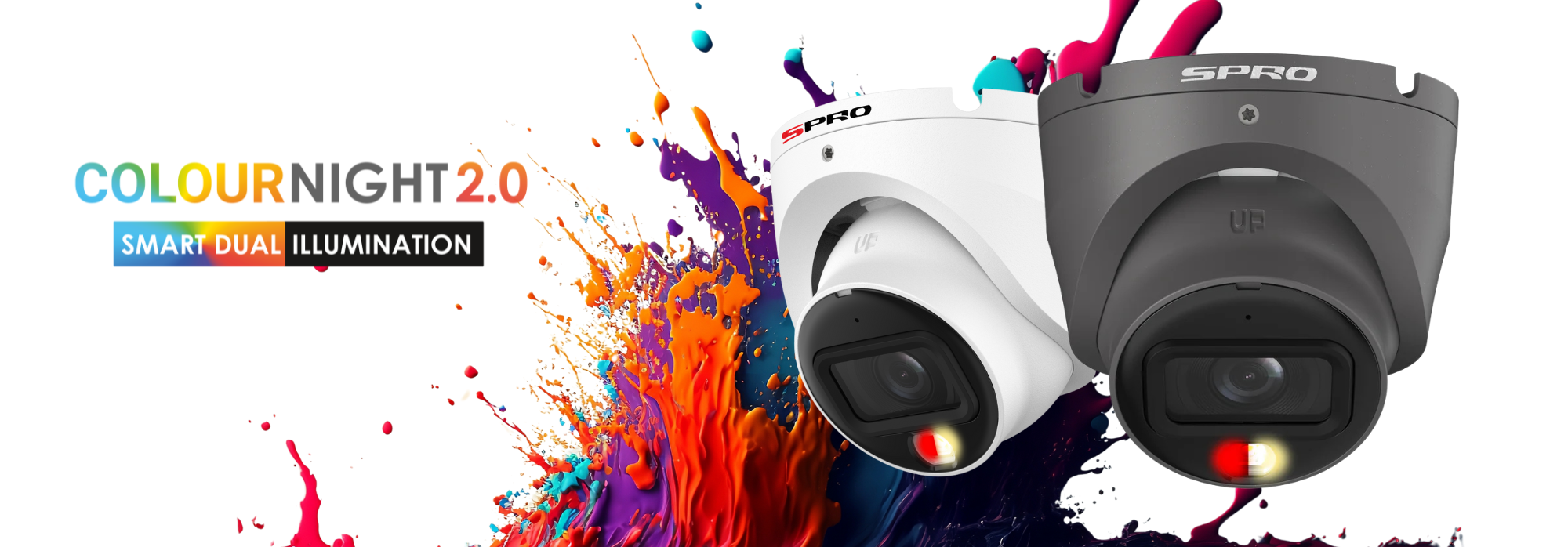 Two security cameras with colorful splashes and 'Spro' branding on a white background.