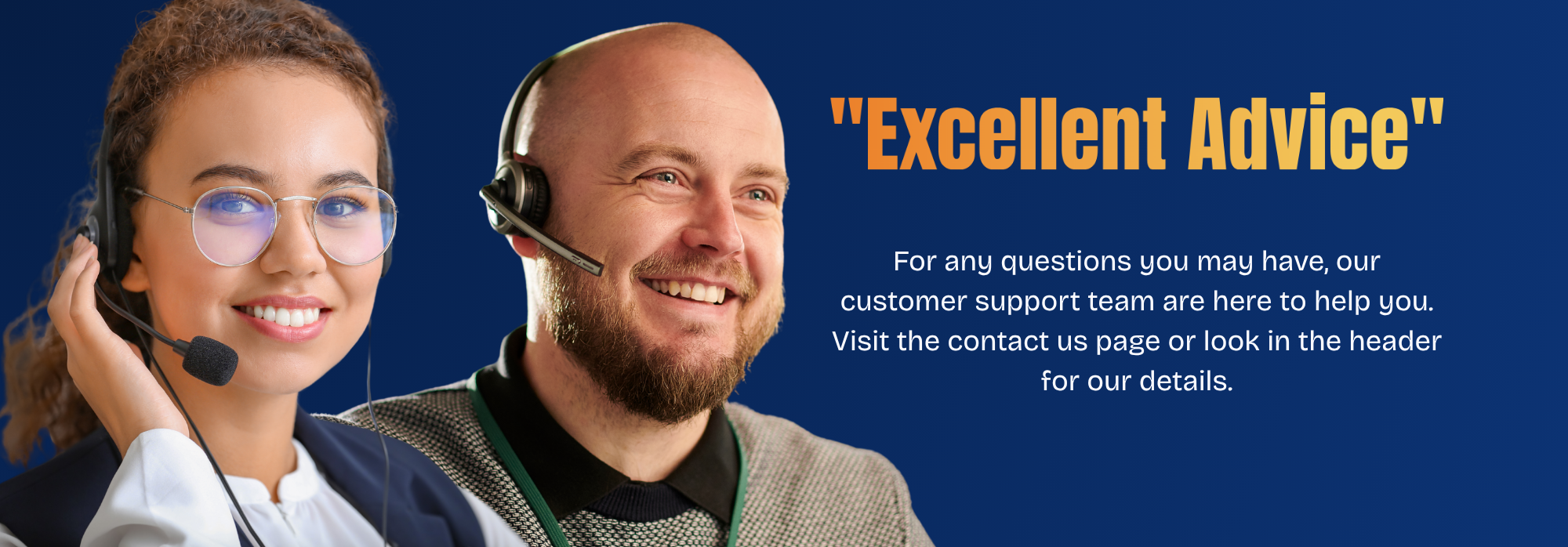 Two customer support representatives with headsets on a blue background with text about customer support.