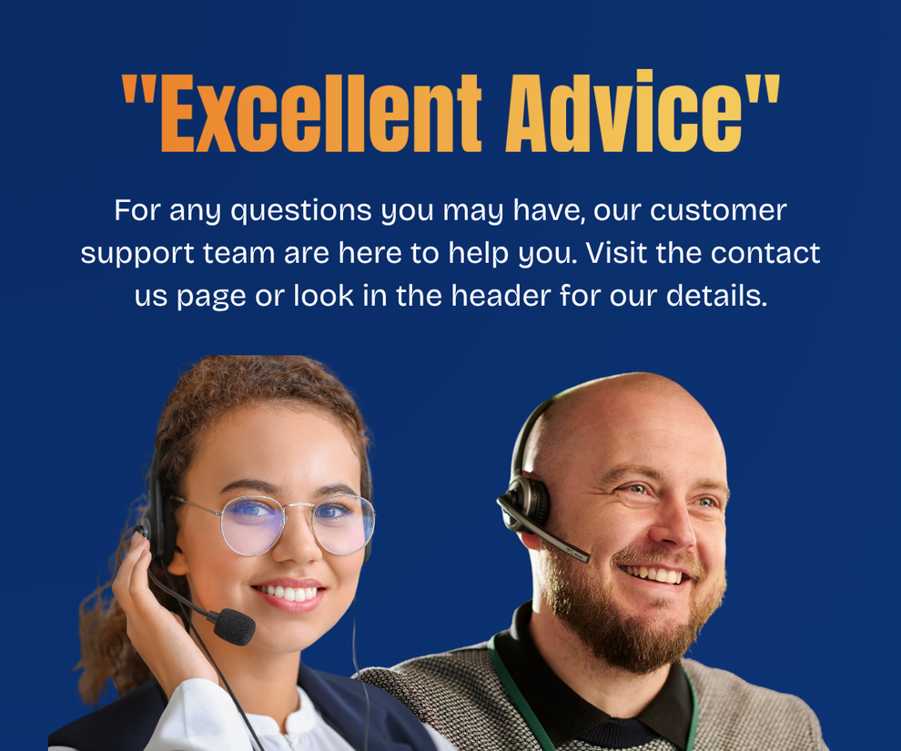 Two customer support representatives with text about excellent advice and contact information on a blue background.