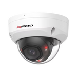 White vandal dome security camera with red and white lights & SPRO logo at an angle on a white background