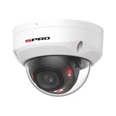 White vandal dome security camera with red and white lights & SPRO logo at an angle on a white background
