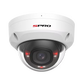 White vandal dome security camera with red and white lights & SPRO logo front facing on a white background