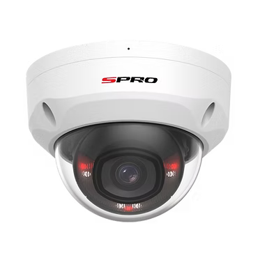 White vandal dome security camera with red and white lights & SPRO logo front facing on a white background