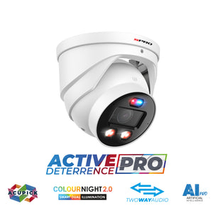 SPRO 8MP IP SPRO - Fixed Lens Active Deterrence PRO CCTV Camera (V5) With graphic for Smart Dual Illumination, AcuPick Technology, two way audio and AI pro features facing right