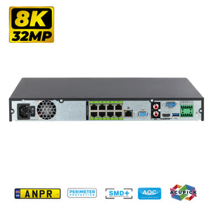 rear view of 8 channel NVR IP CCTV recorder on white background with 8K 32MP resolution graphic & other features along the bottom 