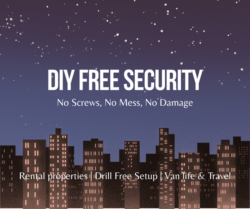 Cityscape at night with text 'DIY Free Security' and the benefits "no screws, no mess, no damage" & ideal fitting situations at the bottom saying "rental properties, drill free setup, van life & travel".