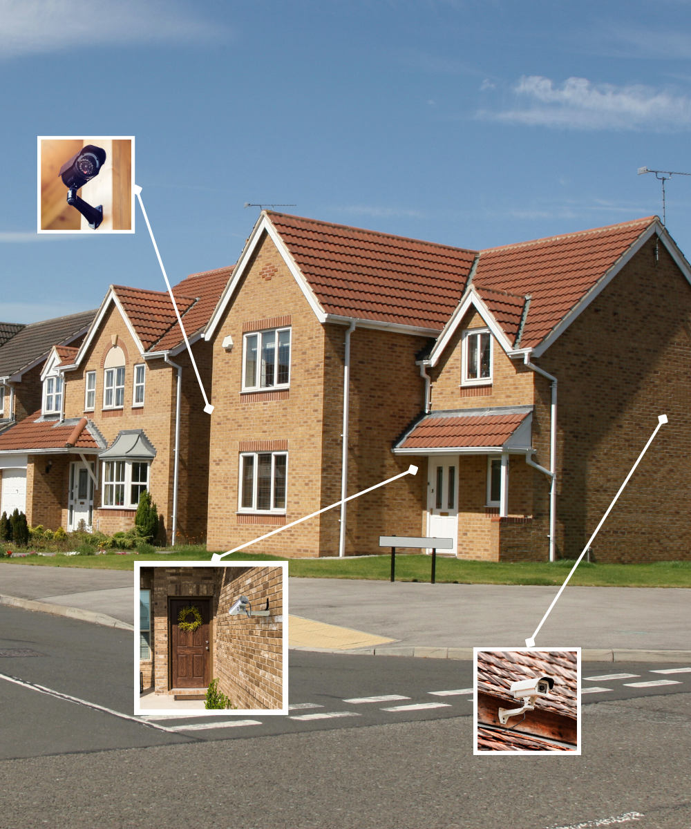 Brick house with a blue sky background with best places for cctv cameras positions highlighted