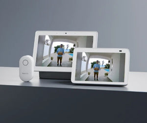 reolink wired wifi video doorbell chime and 2 google tablets displaying video view
