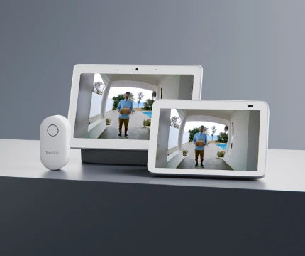 reolink wired wifi video doorbell chime and 2 google tablets displaying video view