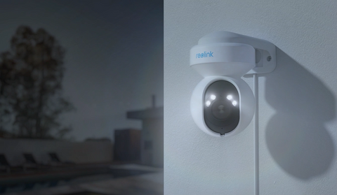 Reolink E1 Outdoor Pro
4K 8MP Smart PTZ Wi-Fi 6 Camera with Auto Tracking on external wall at night time with white light active
