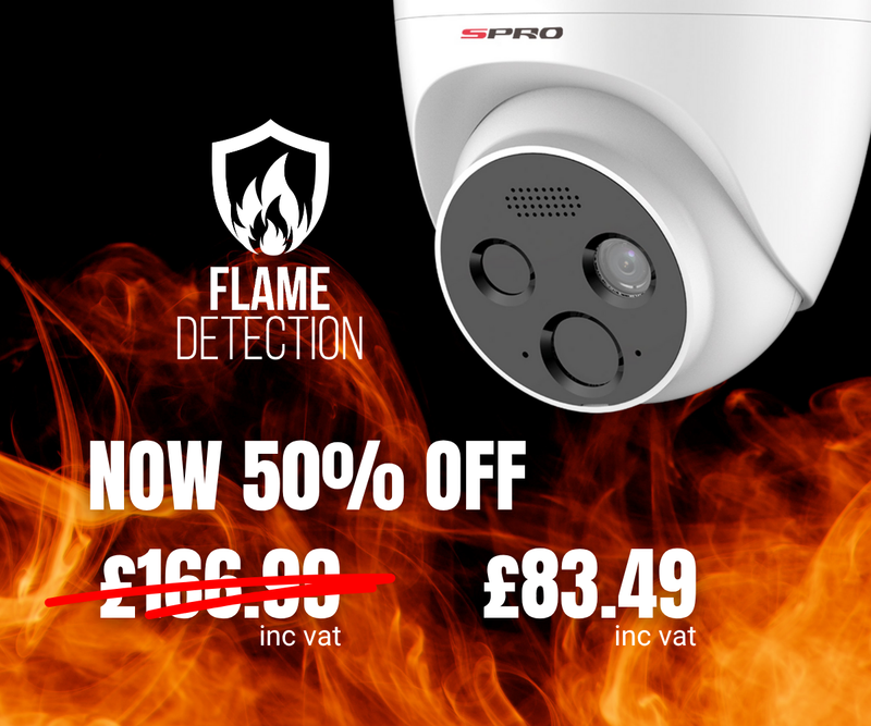 Spro security camera with flame detection feature on a fiery background