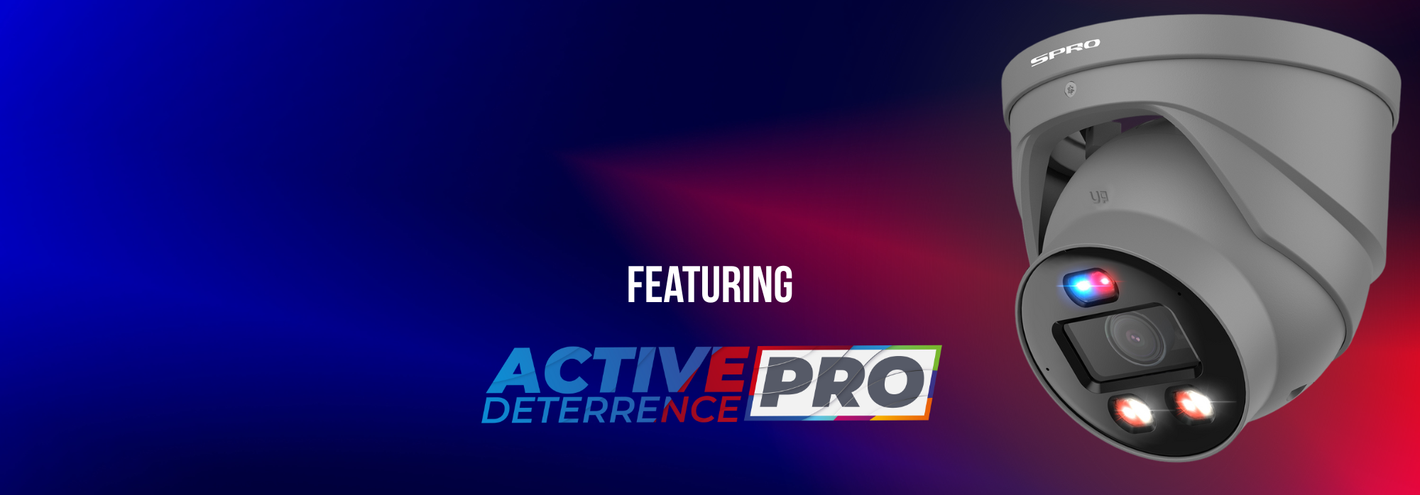 CCTV camera with 'Active Deterrence Pro' text on a blue and red gradient background