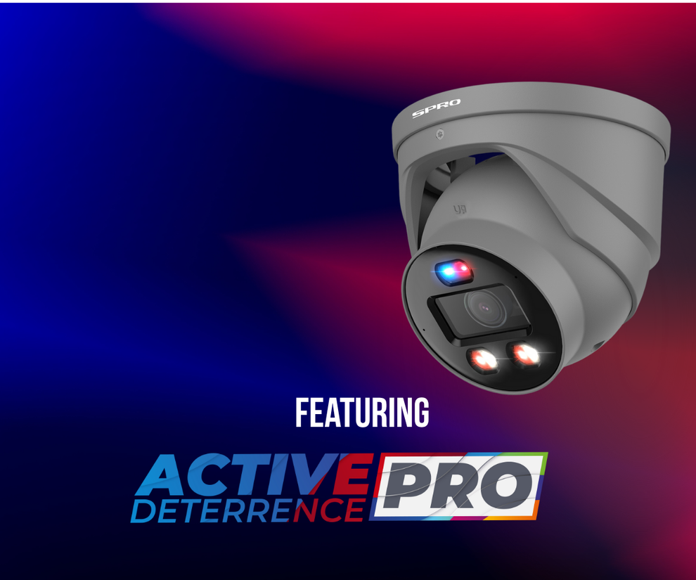 CCTV camera with 'ACTIVE PRO' branding on a blue and red gradient background