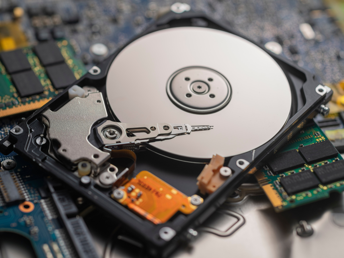 Close-up of a hard disk drive (HDD) with circuit board components.