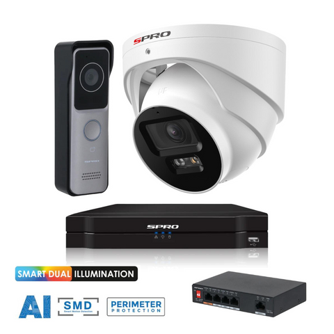 SPRO ColourNight Camera & Doorbell Kit: SPRO 4MP IP Camera with COLOUR NIGHT 2.0, 2MP IP Doorbell and 1TB 4CH Recorder