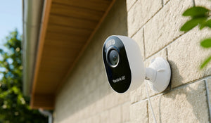 Reolink Lumus Pro Smart home security camera mounted on a house exterior wall.