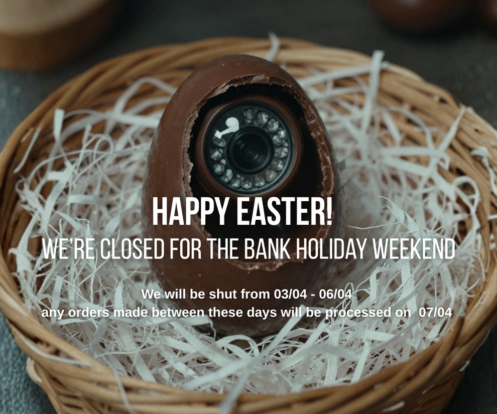 Chocolate egg with a camera lens on a wicker basket, text overlay for Easter holiday closure notice.