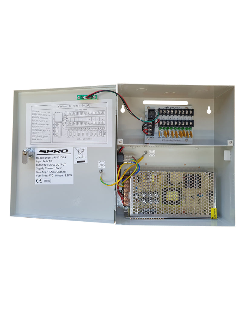 SPRO 9-Way Boxed Power Supply Unit for CCTV with Lockable Metal Housing and Auto Reset Fuses