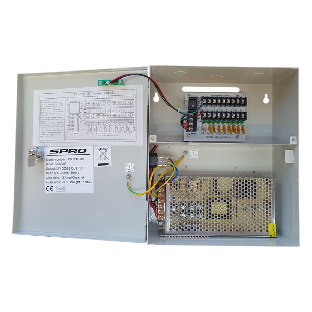 SPRO 9-Way Boxed Power Supply Unit for CCTV with Lockable Metal Housing and Auto Reset Fuses