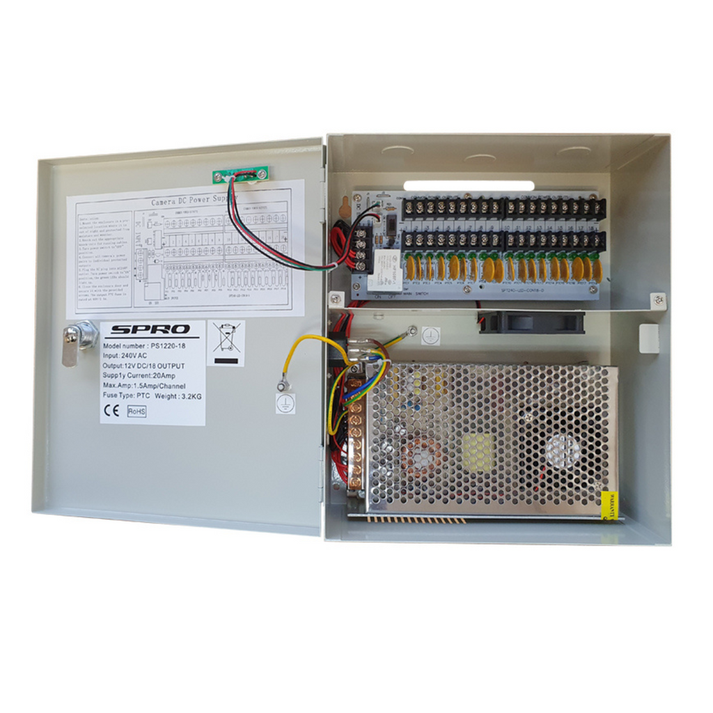 SPRO 18-channel CCTV power supply unit, model PS1220-18, with a metal enclosure, showing internal components including a power distribution board, transformer, and wiring. It has a 240V AC input and 12V DC output at 20A