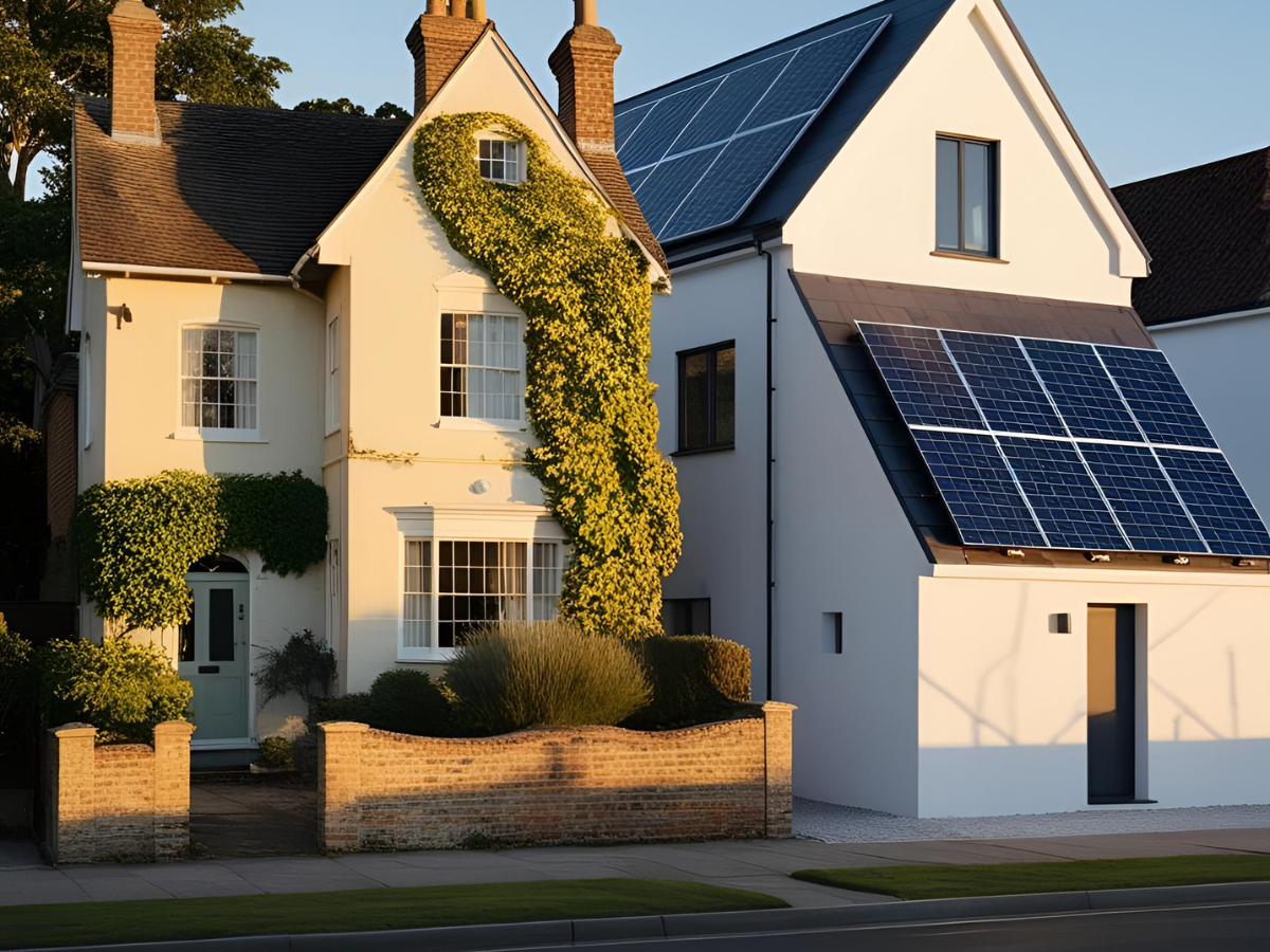House with solar panels on the roof and greenery around