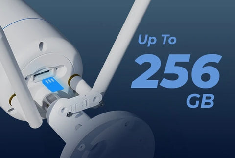 RLC-810WA 4K Wi-Fi 6 Surveillance Camera, Faster Speed & Higher Stability with blue background and micro SD card graphic displaying "up to 256GB" storage.  