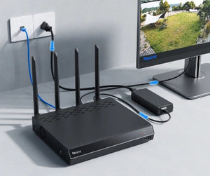image describing setup ofreolink 16-Channel Wi-Fi 6 NVR Recorder for 24/7 Local Recordings RLN12W. powers supply, monitor, and CAT5e ports are all visible