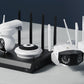 RLN12W 16-Channel Wi-Fi 6 NVR Recorder for 24/7 Local Recordings next to 5 white reolink wifi cameras