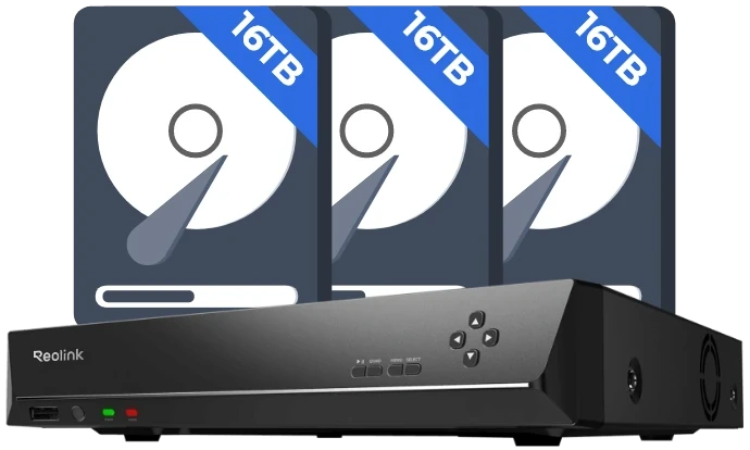 Reolink RLN36 36-Channel NVR with 48TB Storage Capacity with hard drive graphic 3 x 16TB