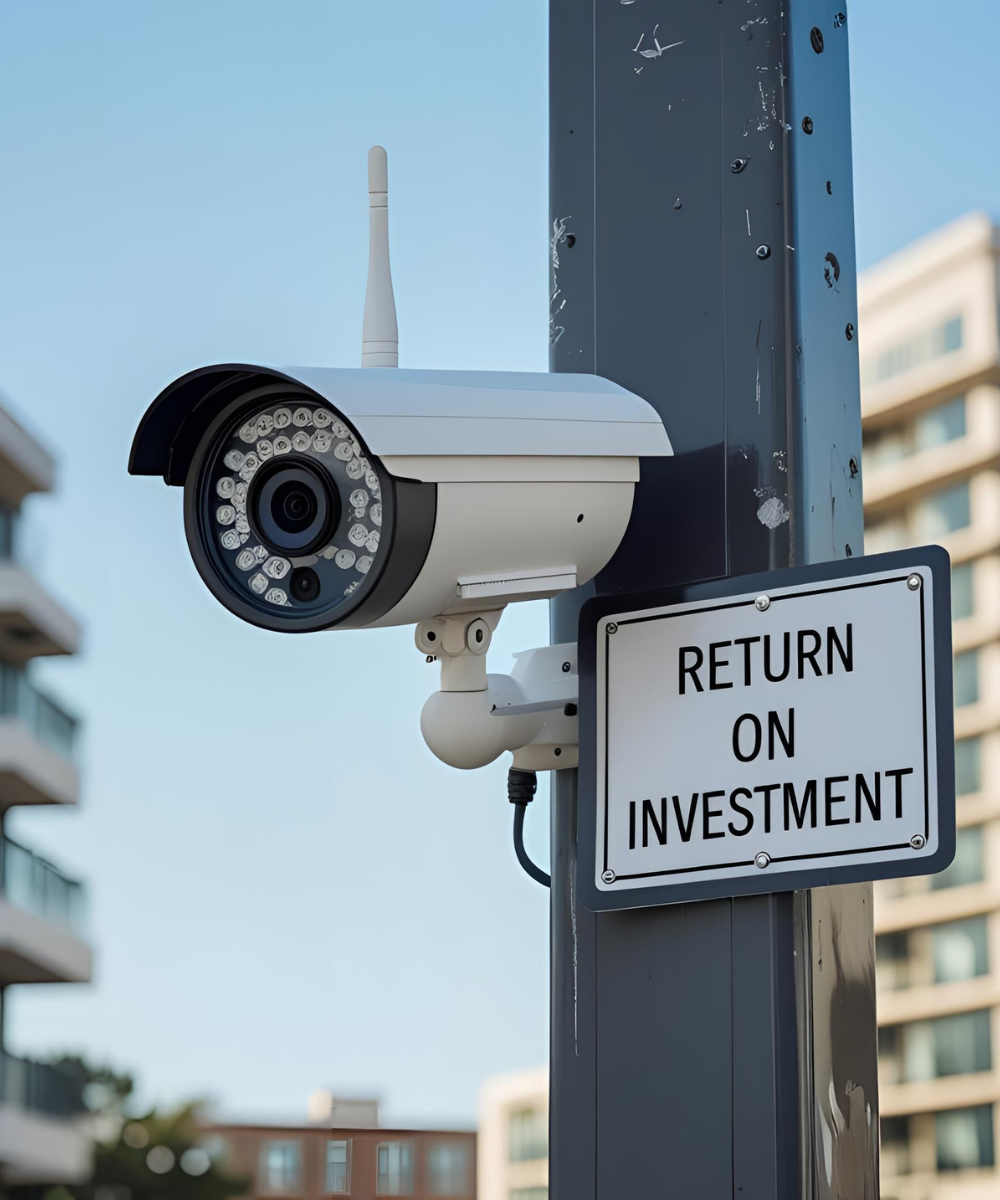 Security camera on a pole with a 'Return on Investment' sign against a cityscape background