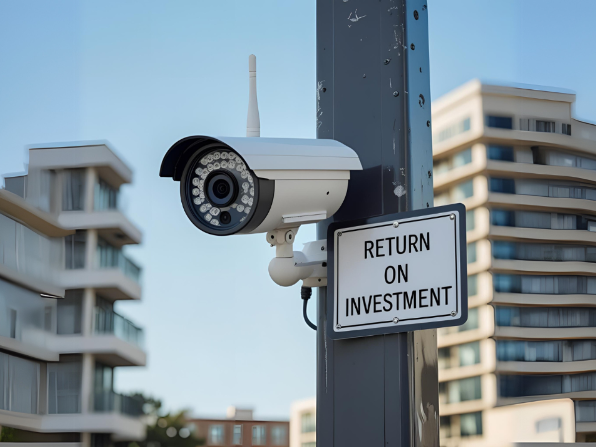 Security camera on a pole with a 'Return on Investment' sign in an urban setting
