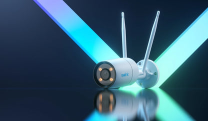 Reolink CX410W ColorX Smart 2K Wi-Fi Security Camera with True Full-Color Night Vision with blue background and neon light