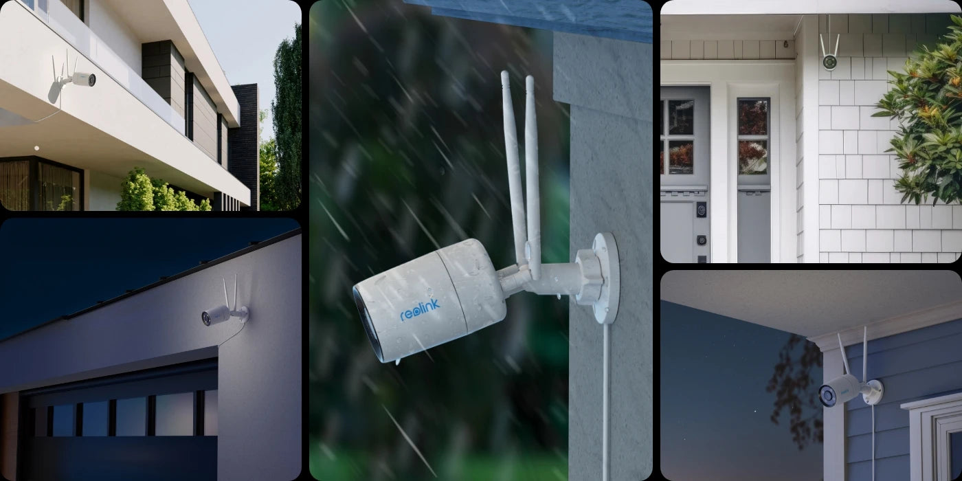 collage of pictures of the Reolink CX410W ColorX Smart 2K Wi-Fi Security Camera with True Full-Color Night Vision in various weather conditions day night sunshine and rain. 