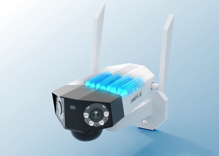 Reolink Duo 2(Battery) 4K 180° Panoramic Solar/Battery-Powered Wi-Fi Camera with blue graphic highlighting rechargeable battery