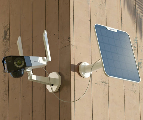 Reolink Duo 2(Battery) 4K 180° Panoramic Solar/Battery-Powered Wi-Fi Camera mounted on shed with solar panel