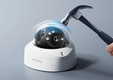 Reolink Duo V3 demonstrating ik10 protection by withstanding hit from a hammer