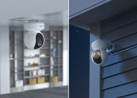 Reolink E1 Outdoor SE mounted on internal ceiling and external wall at night emitting warm spotlight