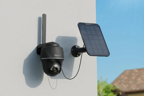 Reolink Go PT Plus 2K+ 5MP Wire-Free 4G LTE PT Battery Camera with Color Night Vision mounted on external wall with solar panel