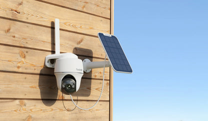 Reolink Go PT Plus 2K+ 5MP Wire-Free 4G LTE PT Battery Camera with Color Night Vision mounted on shed with solar panel